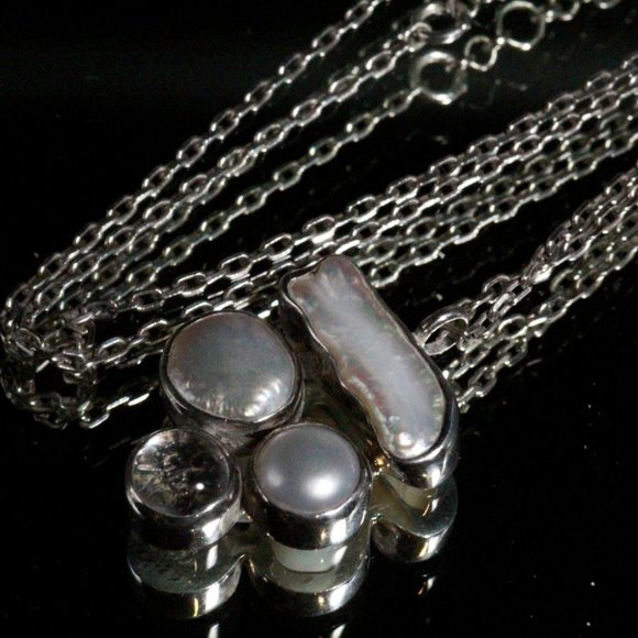 Sterling Silver Mother of Pearl Quartz Modern Necklace - Picture 9 of 10